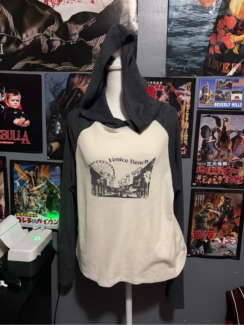 Pink Republic Venice Beach Hooded Thermal Top - Cream & Charcoal